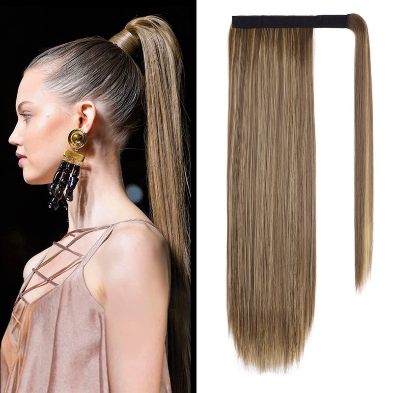 SEIKEA Clip in Ponytail Extension Wrap Around Long Straight Ponytail Natural Soft Synthetic Hairpiece for Women 28 Inch- Brown Ash Blonde Mix - Image 1